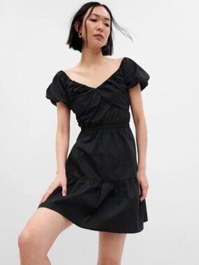 Gap Black Cotton Puff Sleeve Corset Top Mini Dress Smocked Bodice Tiered Skirt L